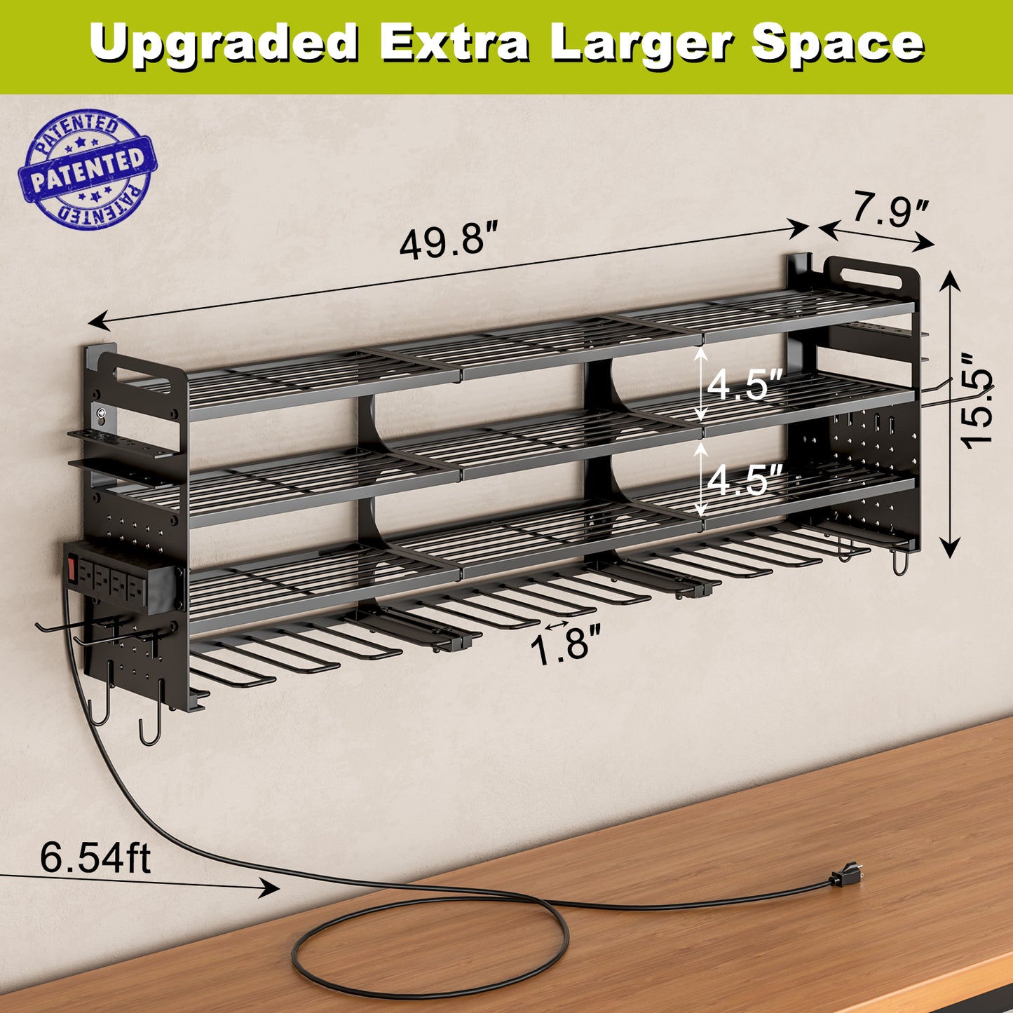 Power Tool Organizer Wall Mount, 4-Tier Cordless Tool Organizer with 4-Socket Power Strip, Drill Holder with 12 Slots for Hanging Tools, Side Pegboard for Storage, Screwdriver Holder Included Black
