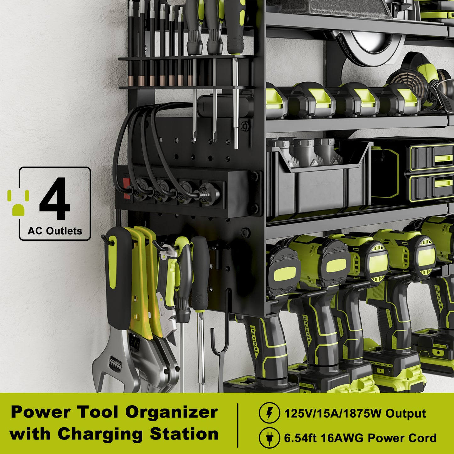 Power Tool Organizer Wall Mount, 4-Tier Cordless Tool Organizer with 4-Socket Power Strip, Drill Holder with 12 Slots for Hanging Tools, Side Pegboard for Storage, Screwdriver Holder Included Black