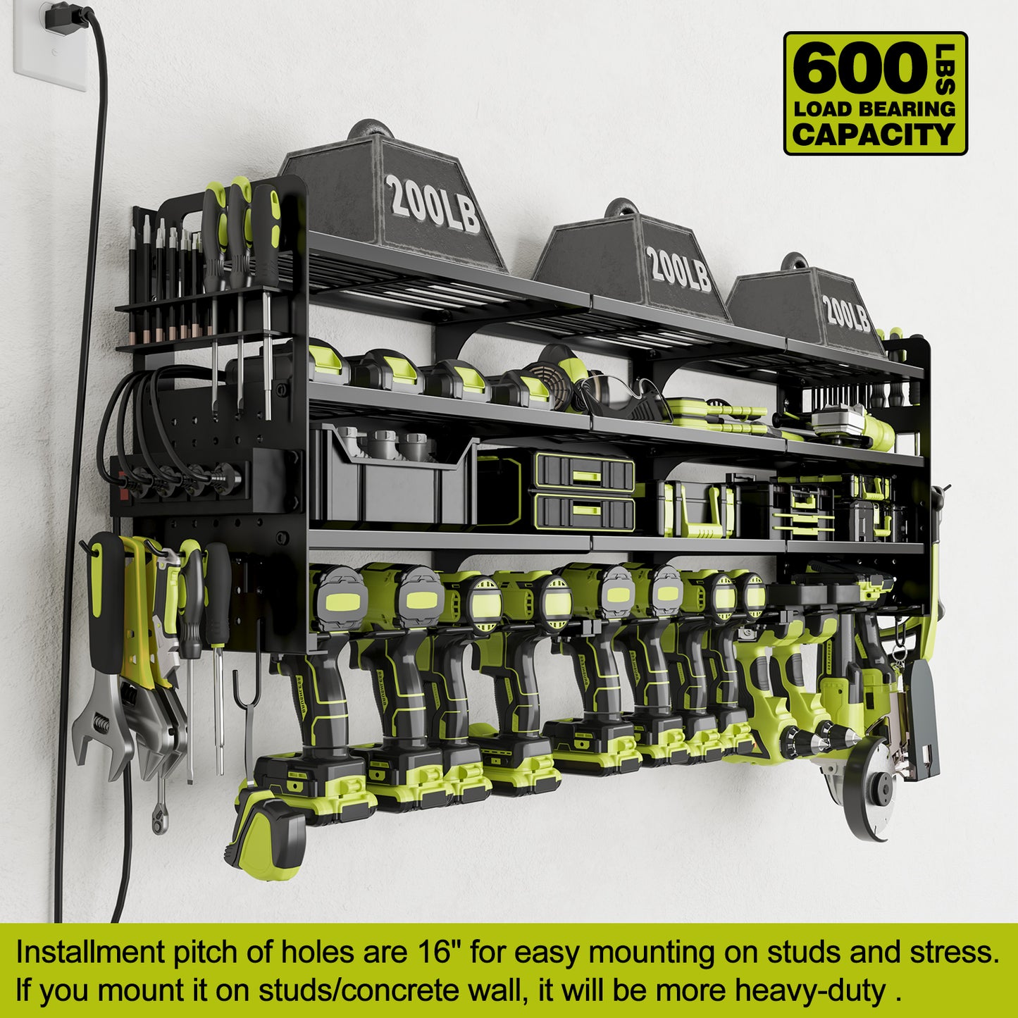 Power Tool Organizer Wall Mount, 4-Tier Cordless Tool Organizer with 4-Socket Power Strip, Drill Holder with 12 Slots for Hanging Tools, Side Pegboard for Storage, Screwdriver Holder Included Black