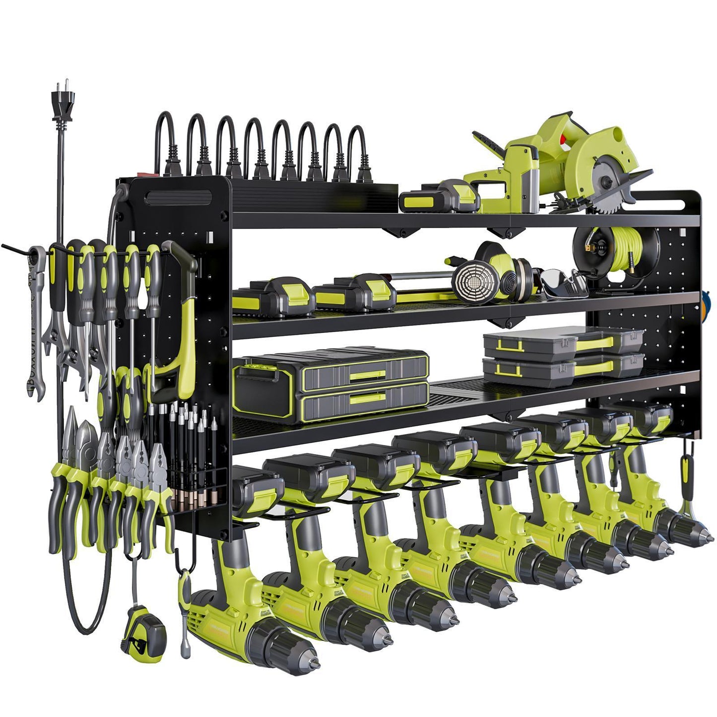 🔥TK Creator Recommendation: 4M+ Views Tool Rack,with 8 Outlets Charging Station,8 Drill Bit Holders,3 Shelves Power Tool Organizer