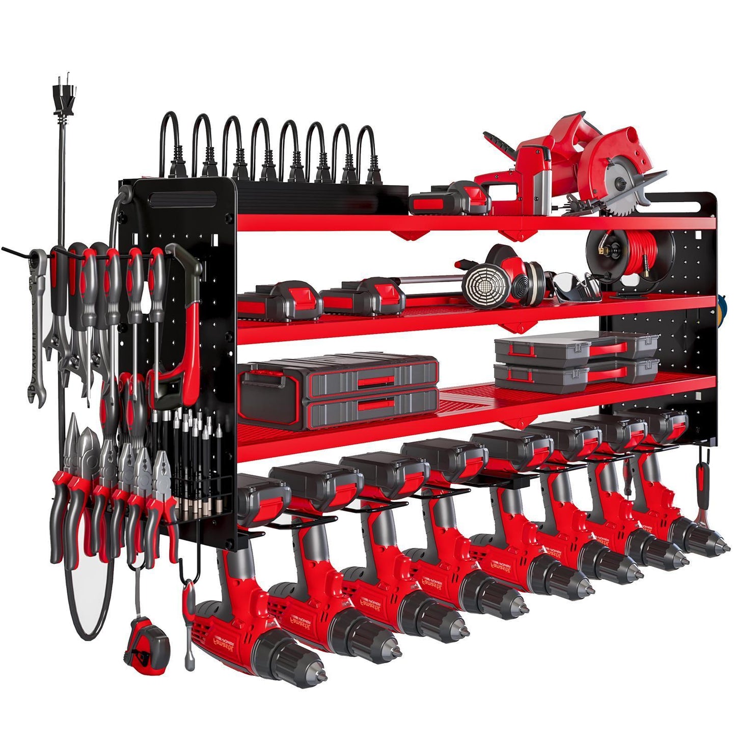 🔥TK Creator Recommendation: 4M+ Views Tool Rack,with 8 Outlets Charging Station,8 Drill Bit Holders,3 Shelves Power Tool Organizer