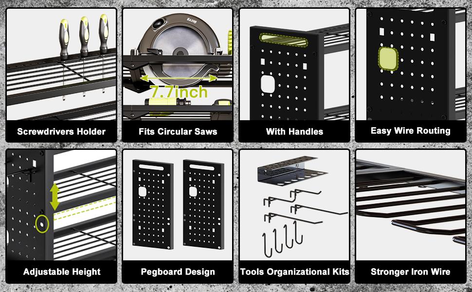 Pratical Tool Rack with 8 Drills Bit Holders, 2 Layers Wall-Mounted Rack,Side-Mounted Pegboard Storage