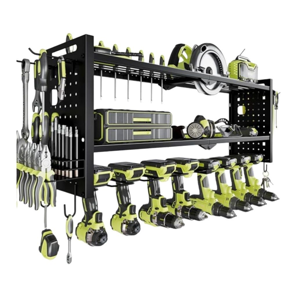 Pratical Tool Rack with 8 Drills Bit Holders, 2 Layers Wall-Mounted Rack,Side-Mounted Pegboard Storage