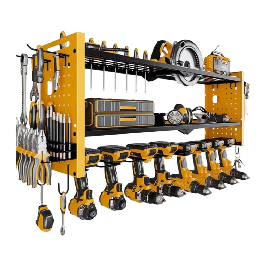 Pratical Tool Rack with 8 Drills Bit Holders, 2 Layers Wall-Mounted Rack,Side-Mounted Pegboard Storage