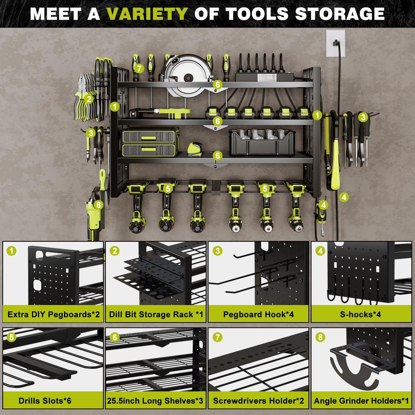 Not Taking Up Space!Tool Organizer Wall Mount with 6 Power Strip, 3 Layers Storage Rack and 6 Drill Holders, Ul Certified