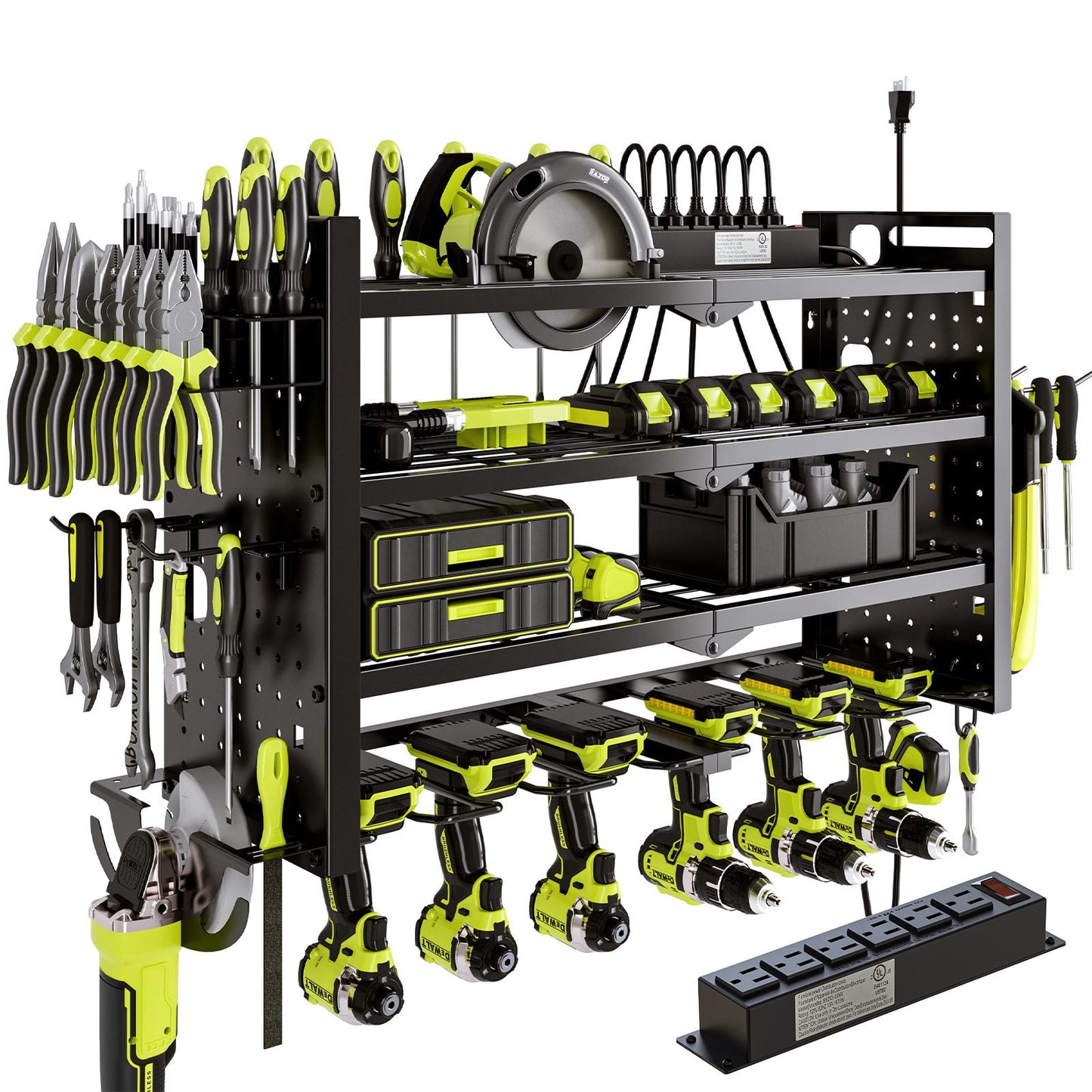 Not Taking Up Space!Tool Organizer Wall Mount with 6 Power Strip, 3 Layers Storage Rack and 6 Drill Holders, Ul Certified