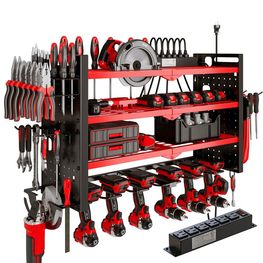 Not Taking Up Space!Tool Organizer Wall Mount with 6 Power Strip, 3 Layers Storage Rack and 6 Drill Holders, Ul Certified