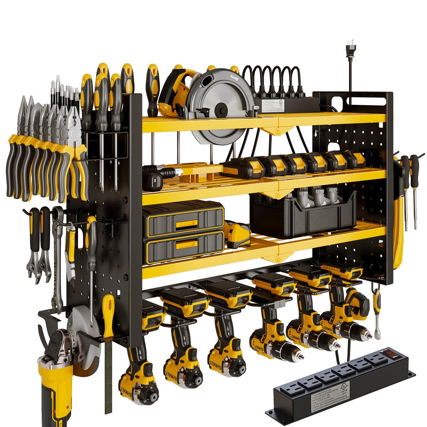 Not Taking Up Space!Tool Organizer Wall Mount with 6 Power Strip, 3 Layers Storage Rack and 6 Drill Holders, Ul Certified