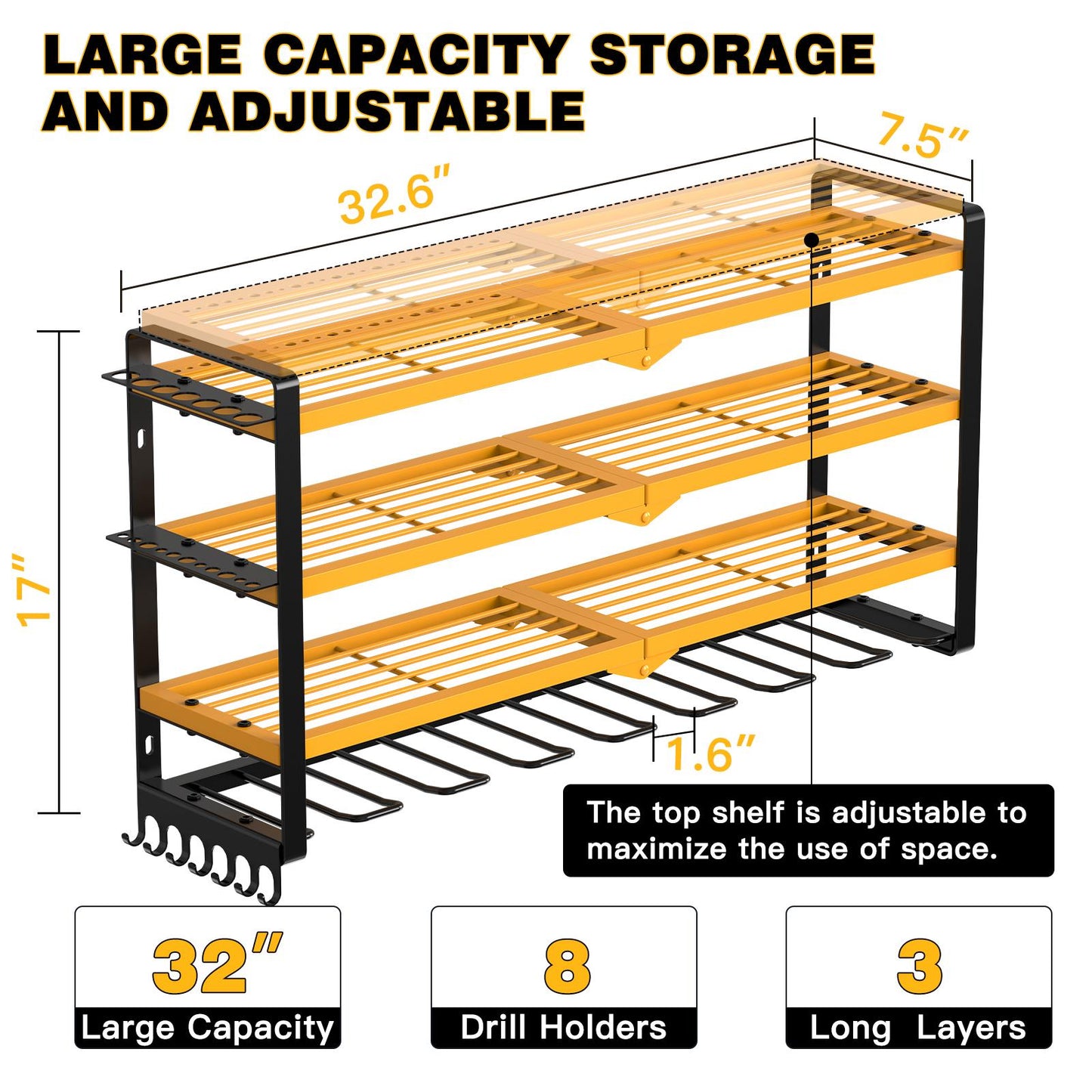 King of Cost Performance！Wall Mount Garage Tool Storage 3 Layer Tool Organizer with 8 Drill Holder