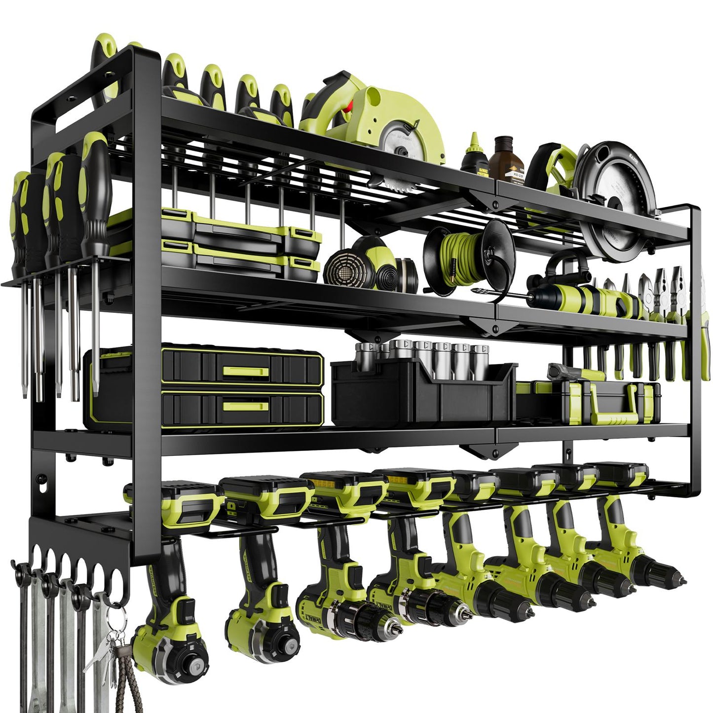 King of Cost Performance！Wall Mount Garage Tool Storage 3 Layer Tool Organizer with 8 Drill Holder