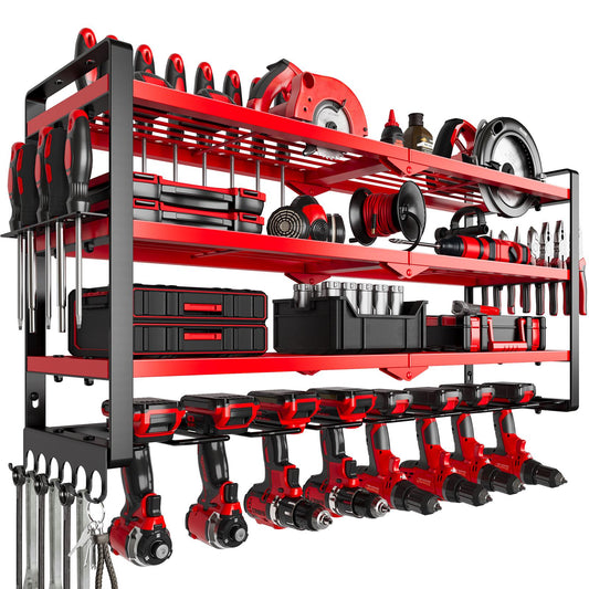 King of Cost Performance！Wall Mount Garage Tool Storage 3 Layer Tool Organizer with 8 Drill Holder