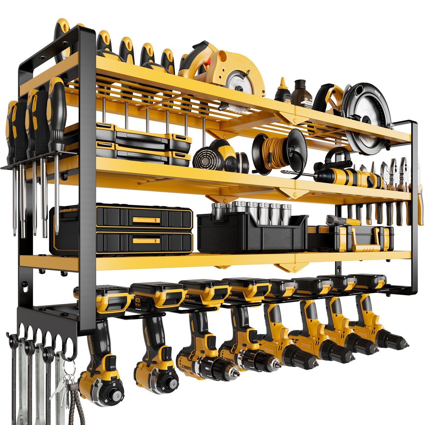 King of Cost Performance！Wall Mount Garage Tool Storage 3 Layer Tool Organizer with 8 Drill Holder