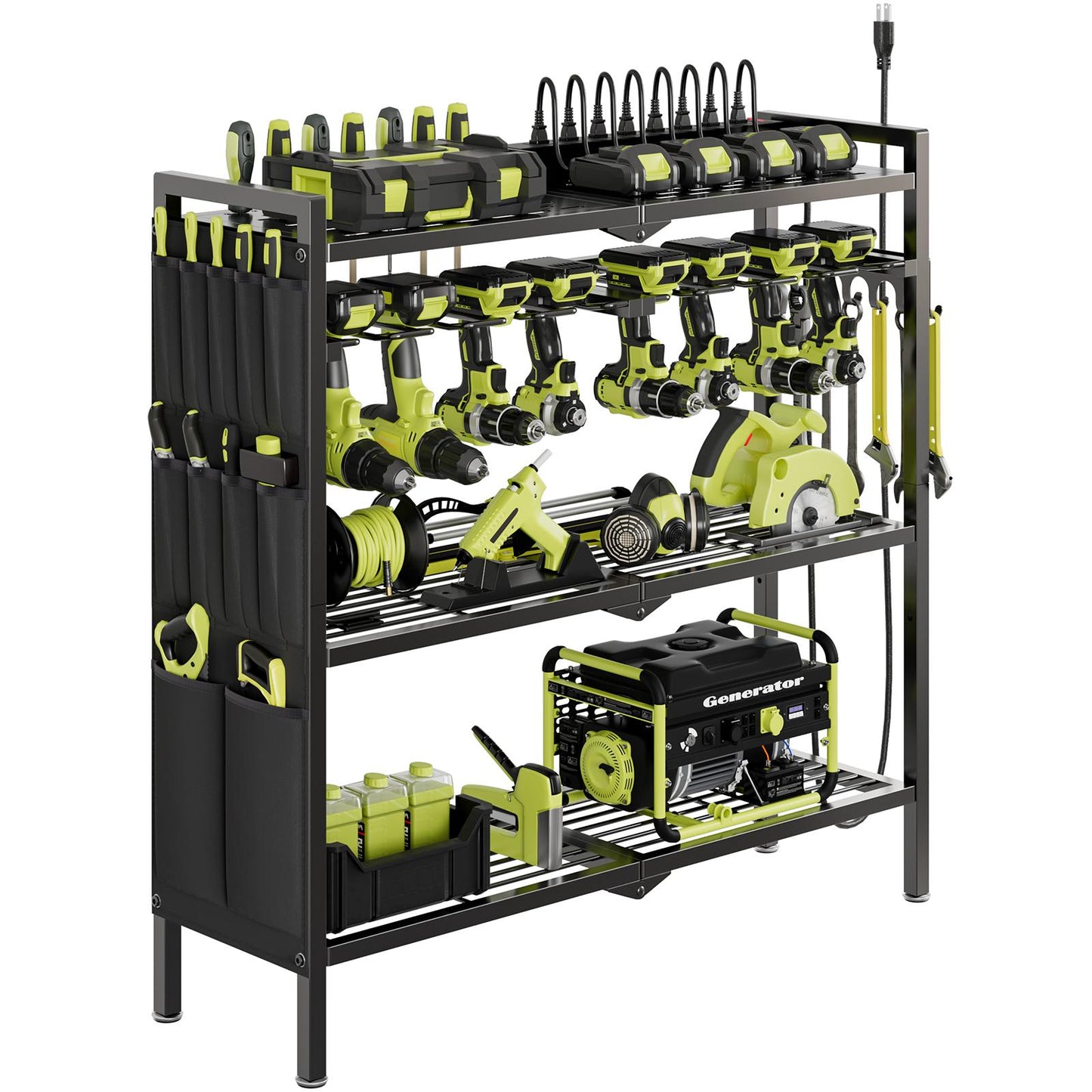 NEW!Large Power Tool Organizer Cart with 8 Outlets Charging Station,8 Drill Holders,Standing Heavy Duty and Stability Storage Rack Utility Tool Shelf