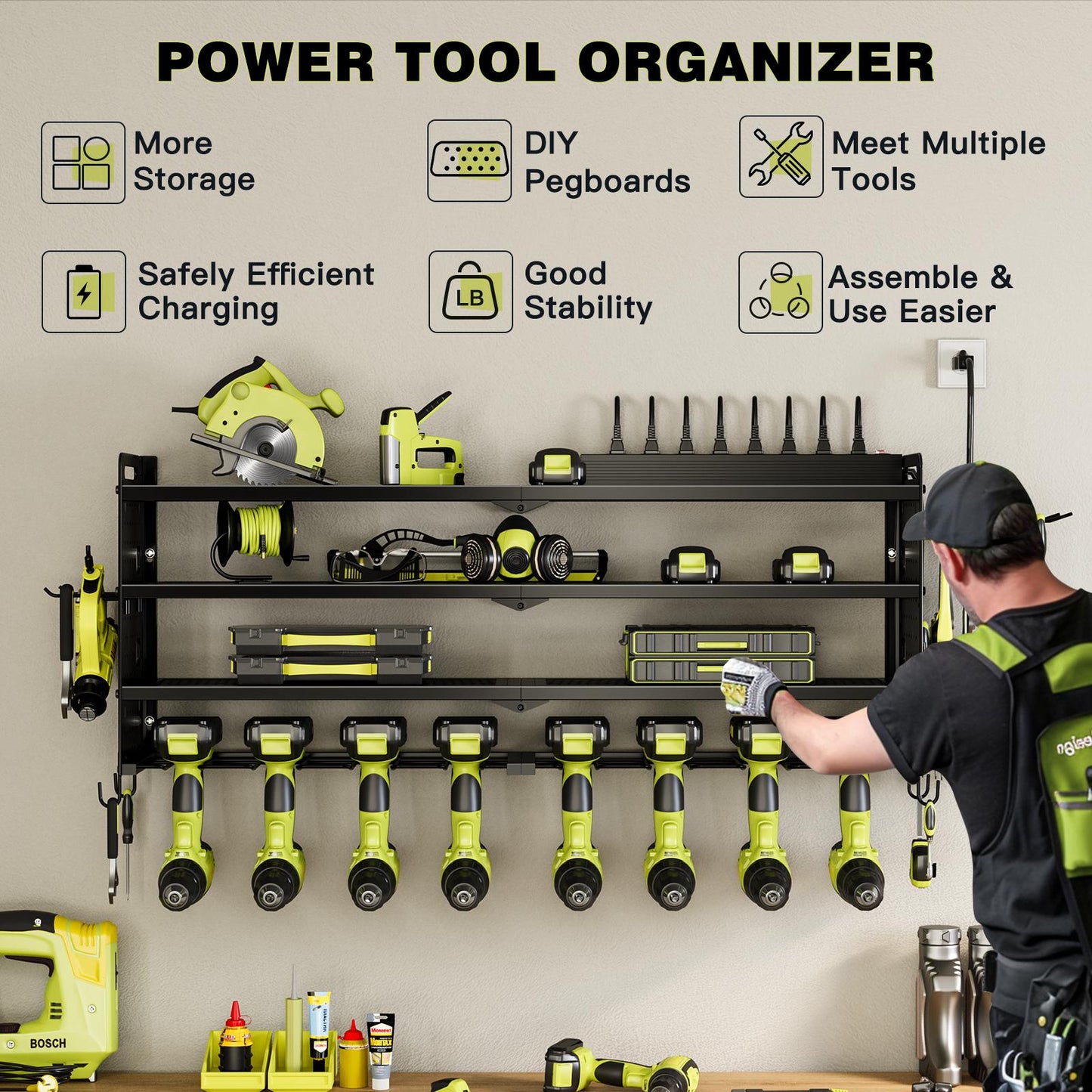 🔥TK Creator Recommendation: 4M+ Views Tool Rack,with 8 Outlets Charging Station,8 Drill Bit Holders,3 Shelves Power Tool Organizer