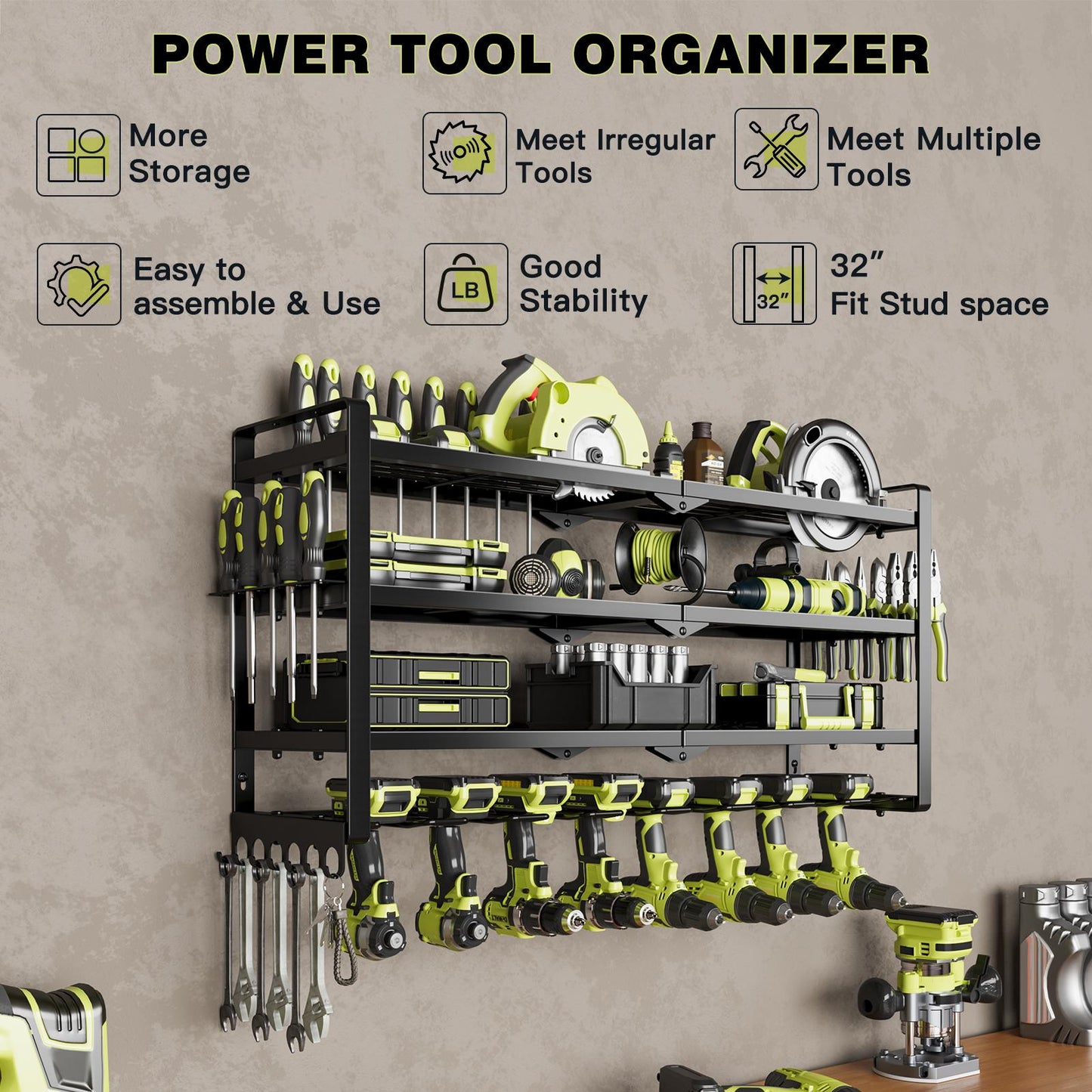 King of Cost Performance！Wall Mount Garage Tool Storage 3 Layer Tool Organizer with 8 Drill Holder