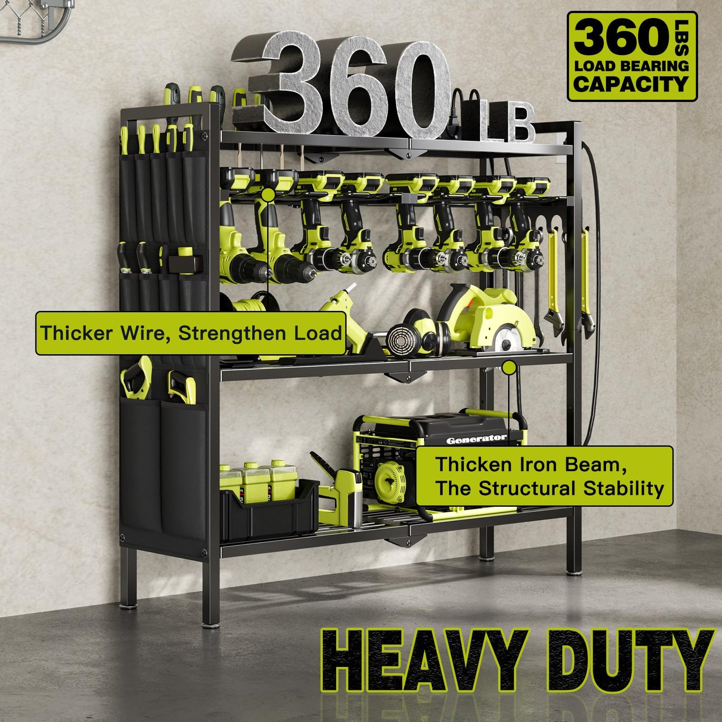 NEW!Large Power Tool Organizer Cart with 8 Outlets Charging Station,8 Drill Holders,Standing Heavy Duty and Stability Storage Rack Utility Tool Shelf