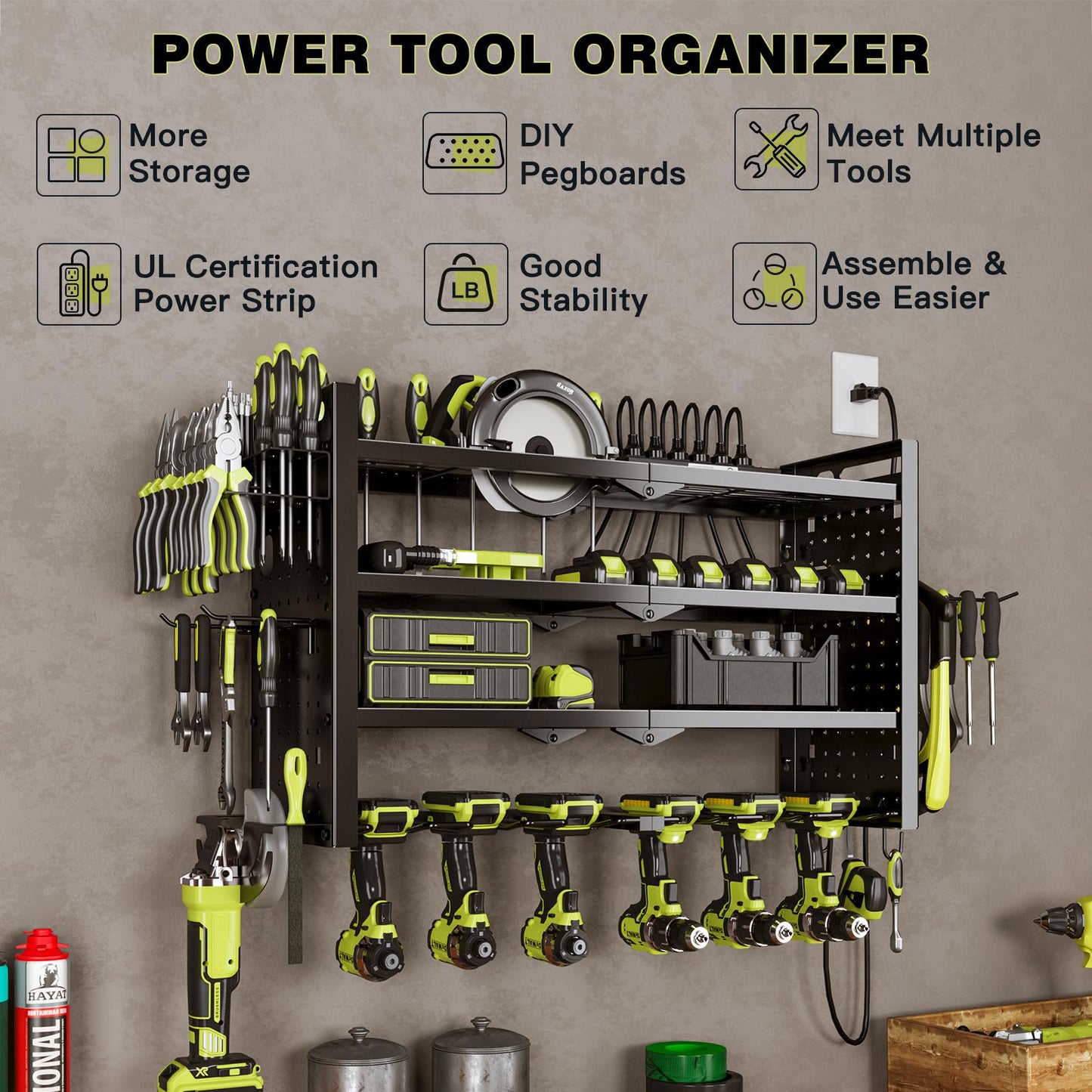 Not Taking Up Space!Tool Organizer Wall Mount with 6 Power Strip, 3 Layers Storage Rack and 6 Drill Holders, Ul Certified