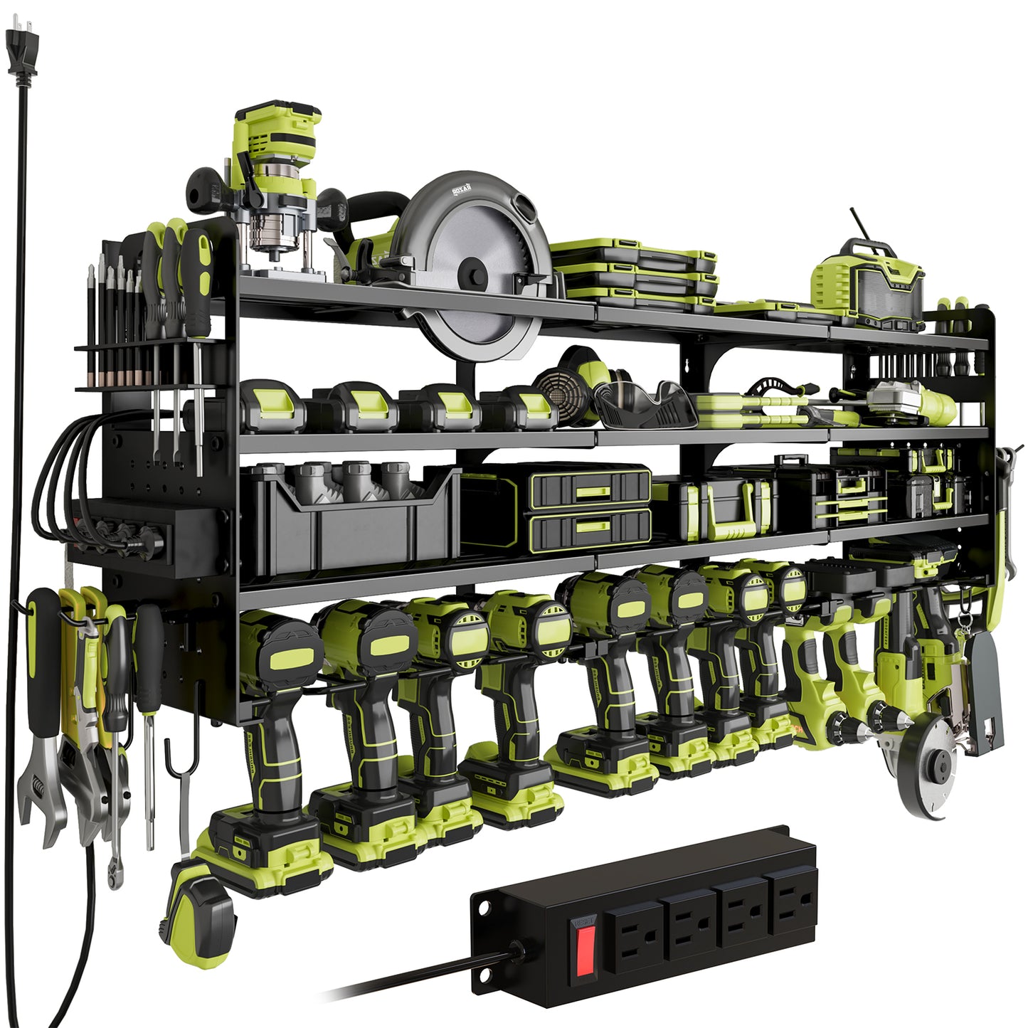 Power Tool Organizer Wall Mount, 4-Tier Cordless Tool Organizer with 4-Socket Power Strip, Drill Holder with 12 Slots for Hanging Tools, Side Pegboard for Storage, Screwdriver Holder Included Black