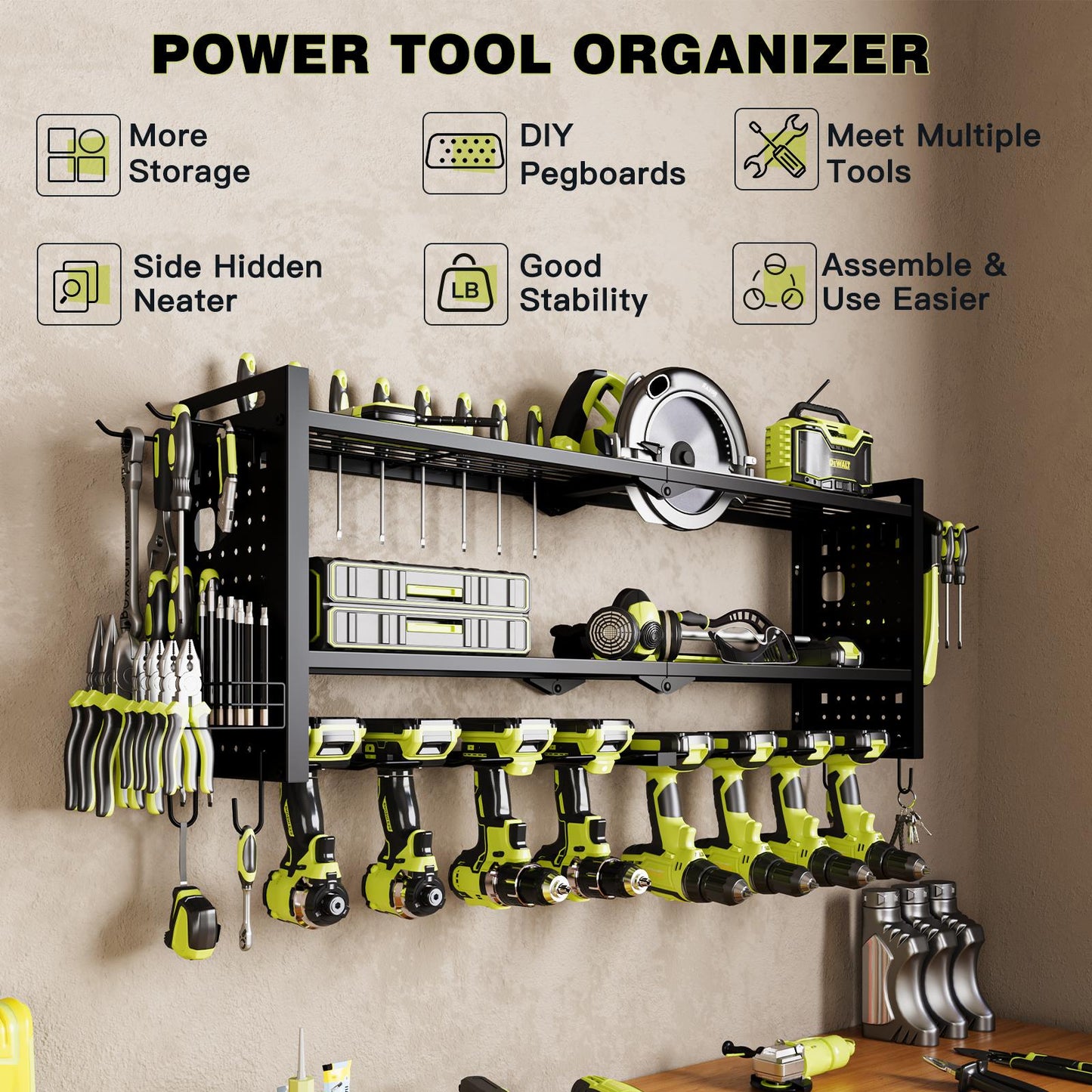 Pratical Tool Rack with 8 Drills Bit Holders, 2 Layers Wall-Mounted Rack,Side-Mounted Pegboard Storage