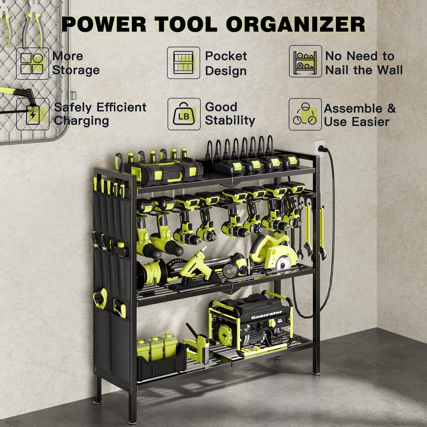 NEW!Large Power Tool Organizer Cart with 8 Outlets Charging Station,8 Drill Holders,Standing Heavy Duty and Stability Storage Rack Utility Tool Shelf