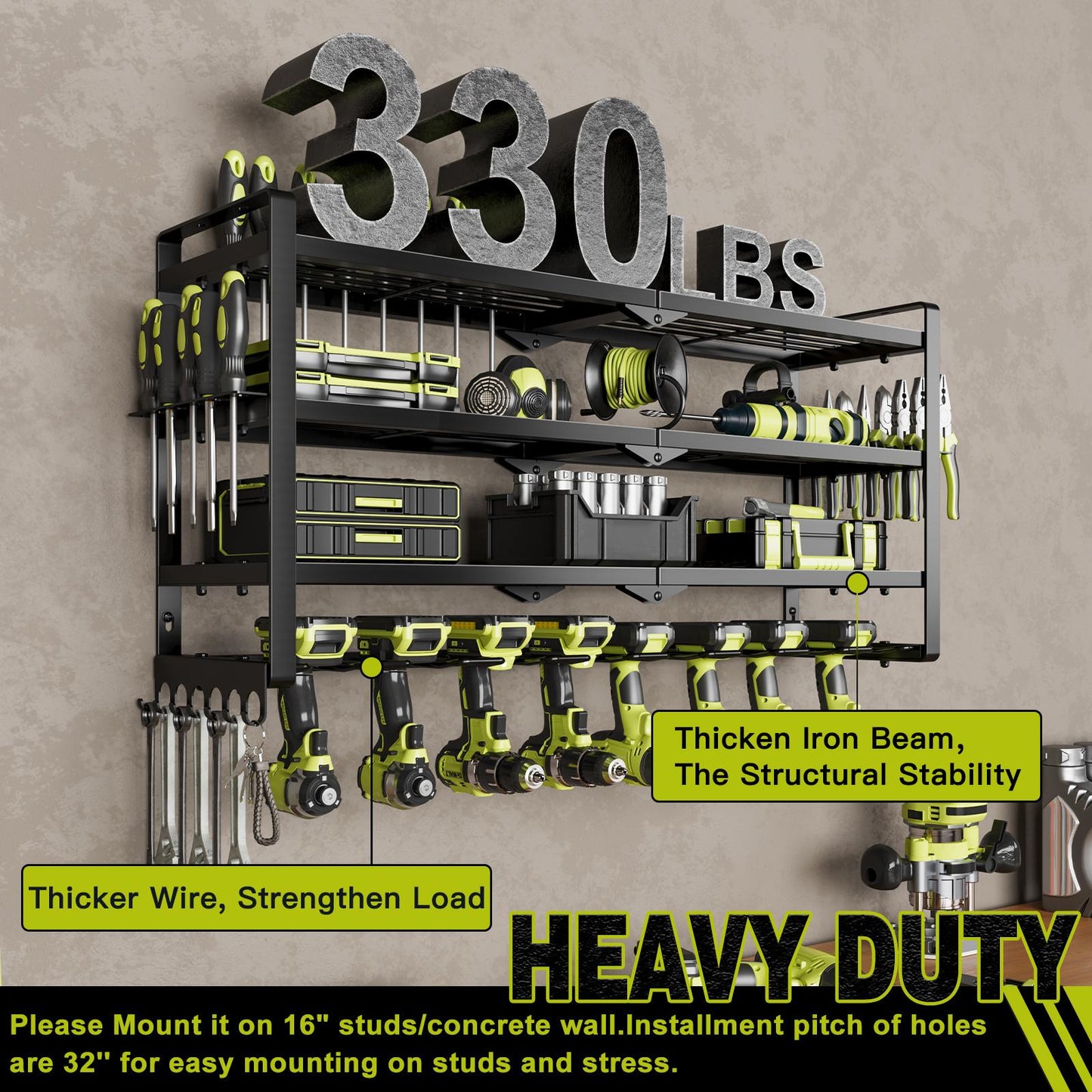 King of Cost Performance！Wall Mount Garage Tool Storage 3 Layer Tool Organizer with 8 Drill Holder