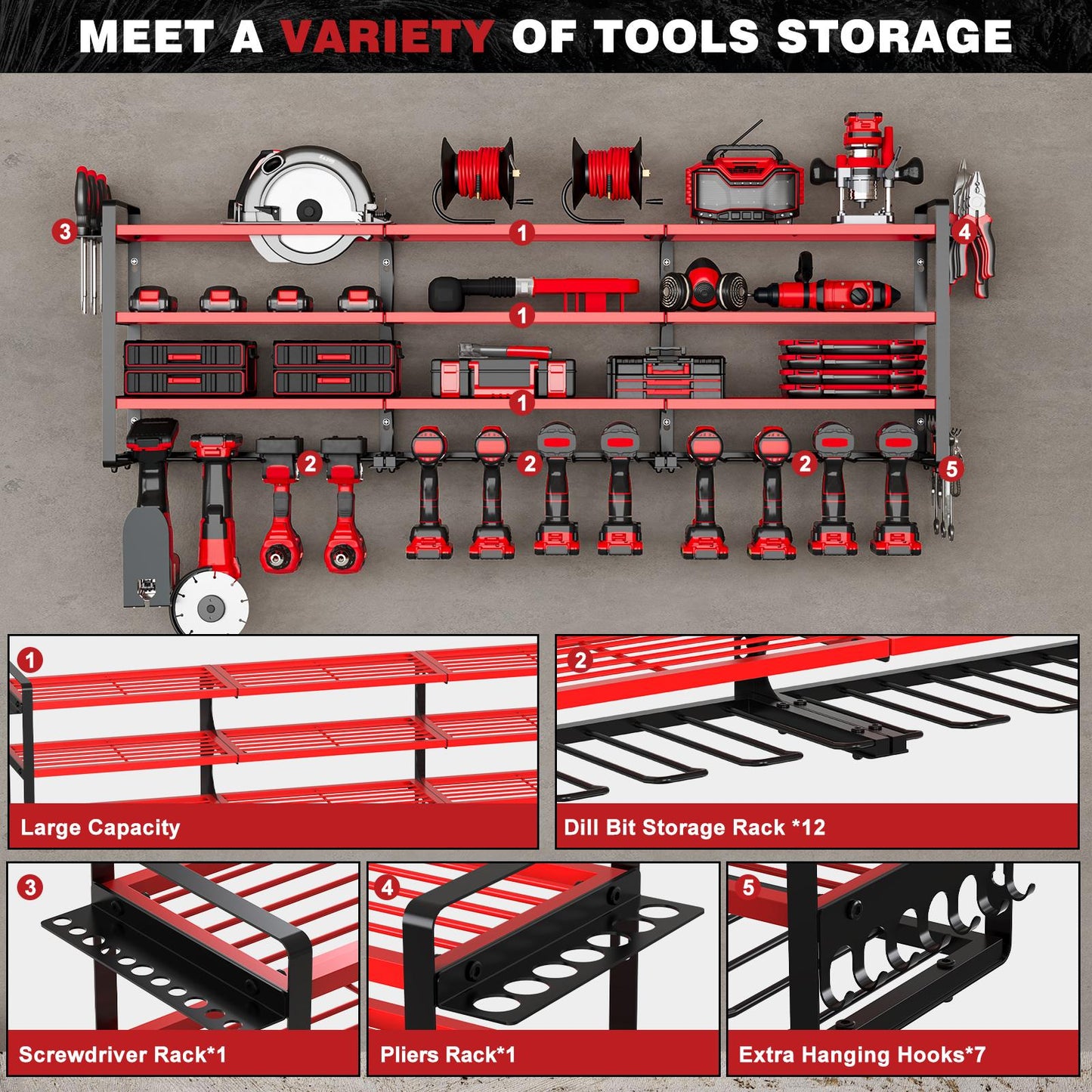 🔥Bestseller！Tools Addicts Must Buy, 12 Drills,3 Extended Layers，Garage Tool Shelving