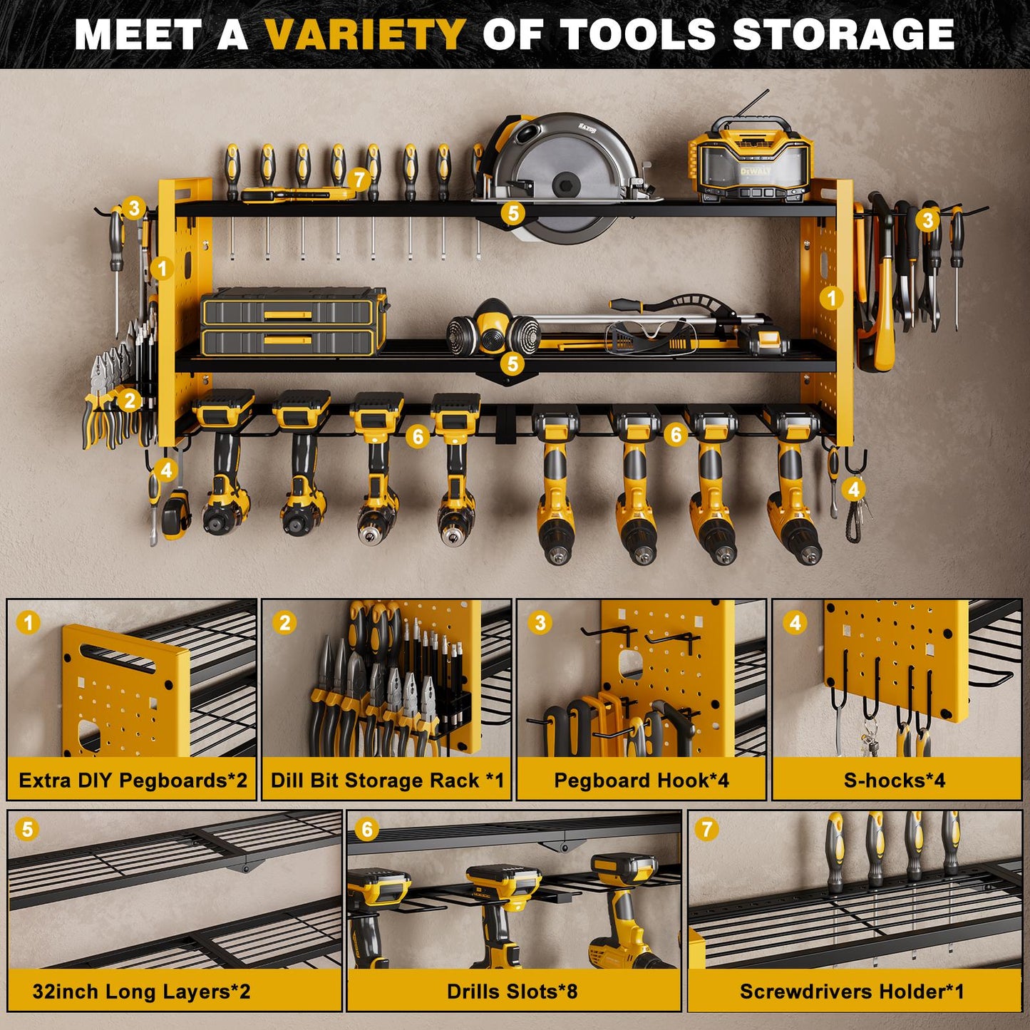 Pratical Tool Rack with 8 Drills Bit Holders, 2 Layers Wall-Mounted Rack,Side-Mounted Pegboard Storage
