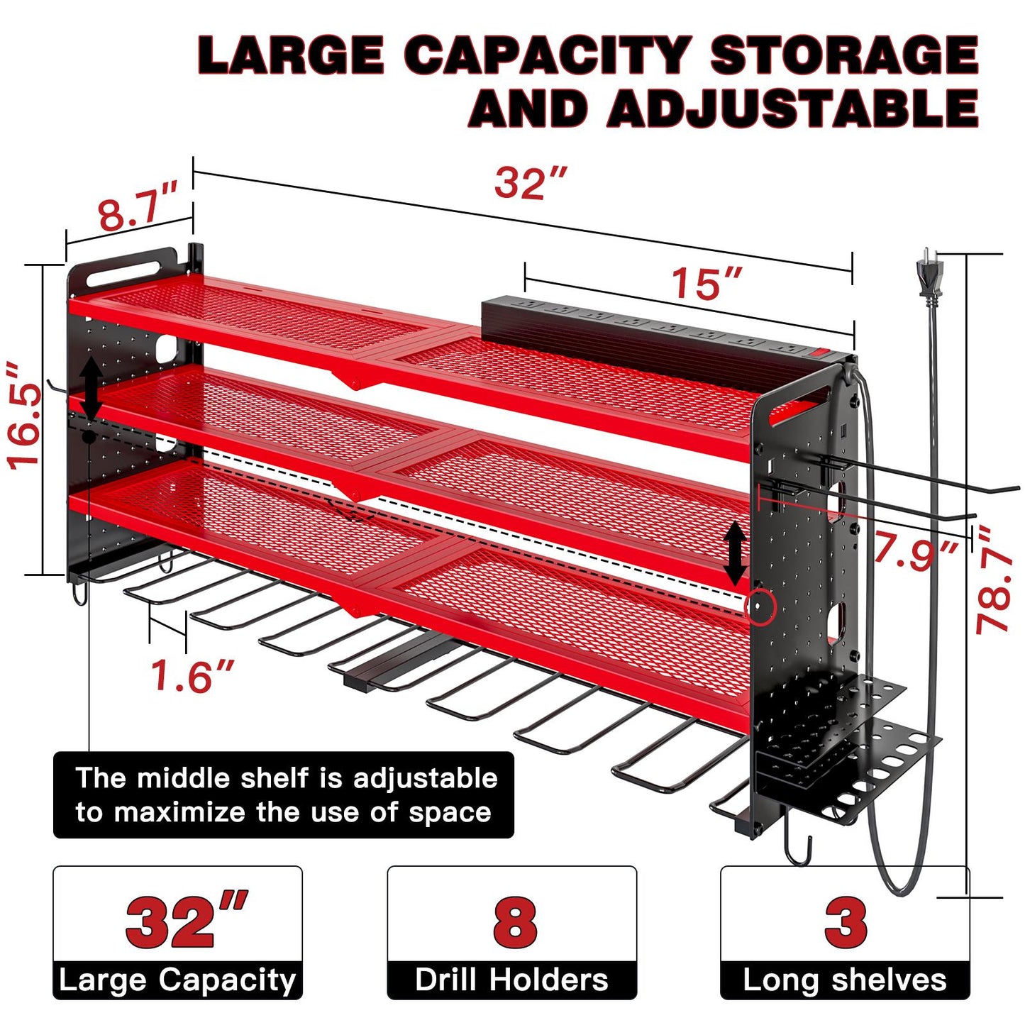 🔥TK Creator Recommendation: 4M+ Views Tool Rack,with 8 Outlets Charging Station,8 Drill Bit Holders,3 Shelves Power Tool Organizer