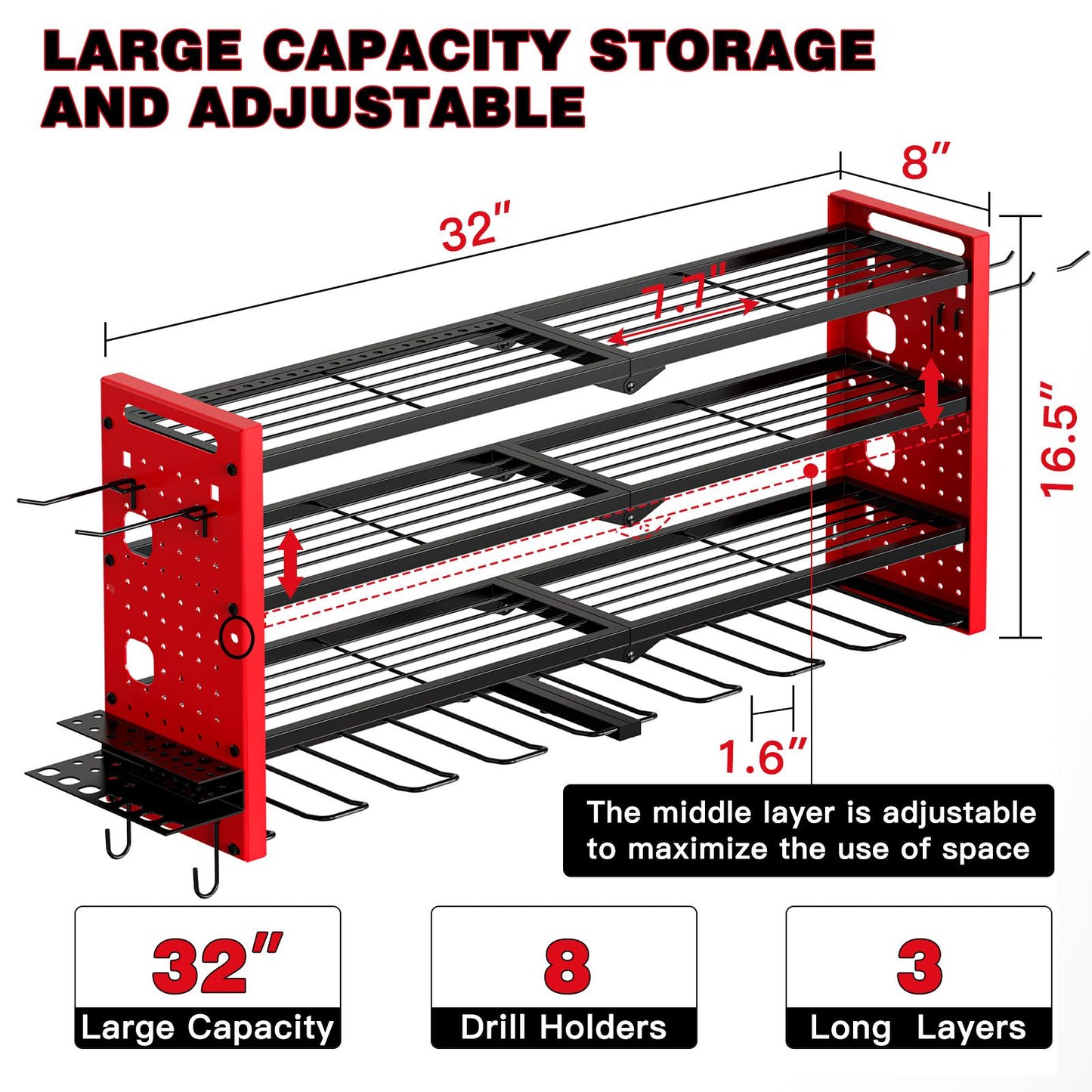 Sales Champion!Tool Rack with 8 Drill Bit Holders,3 Layers Large Capacity Rack, Ideal for Garage