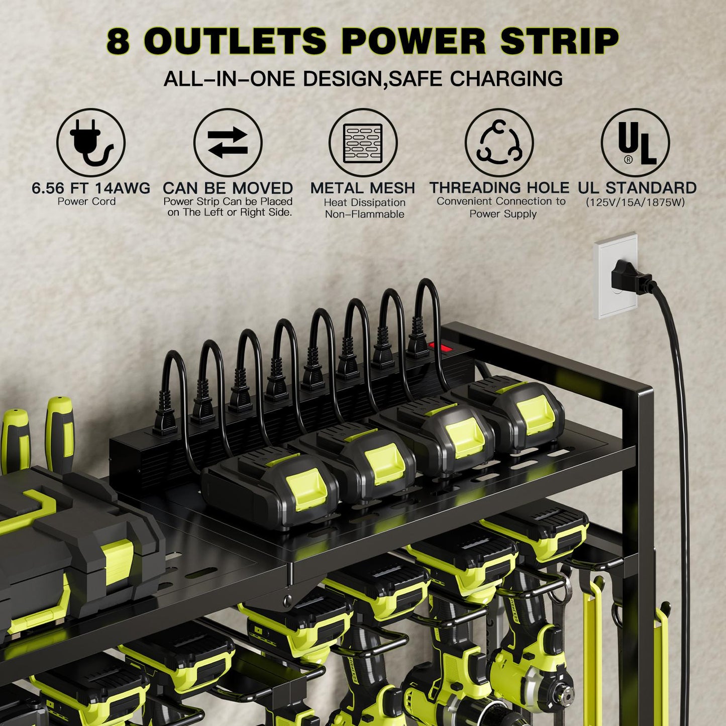 NEW!Large Power Tool Organizer Cart with 8 Outlets Charging Station,8 Drill Holders,Standing Heavy Duty and Stability Storage Rack Utility Tool Shelf