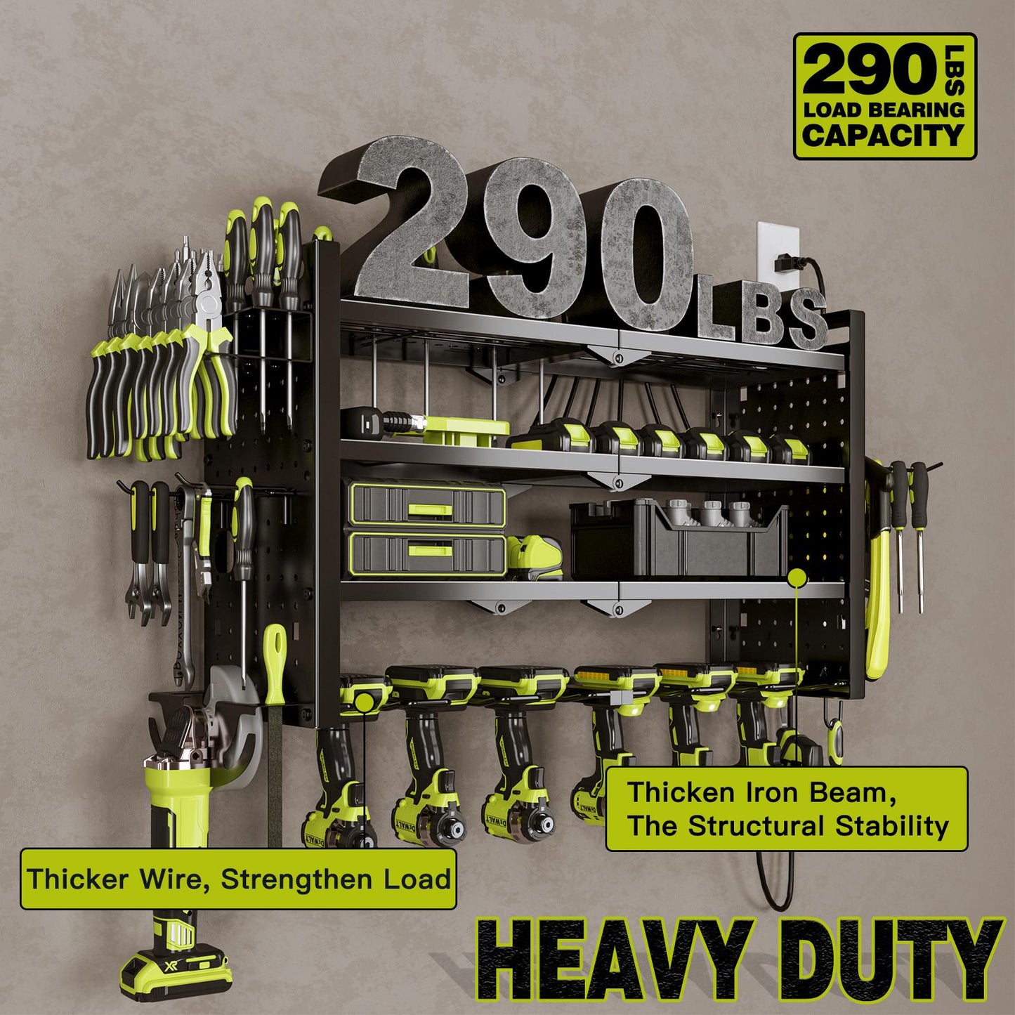 Not Taking Up Space!Tool Organizer Wall Mount with 6 Power Strip, 3 Layers Storage Rack and 6 Drill Holders, Ul Certified