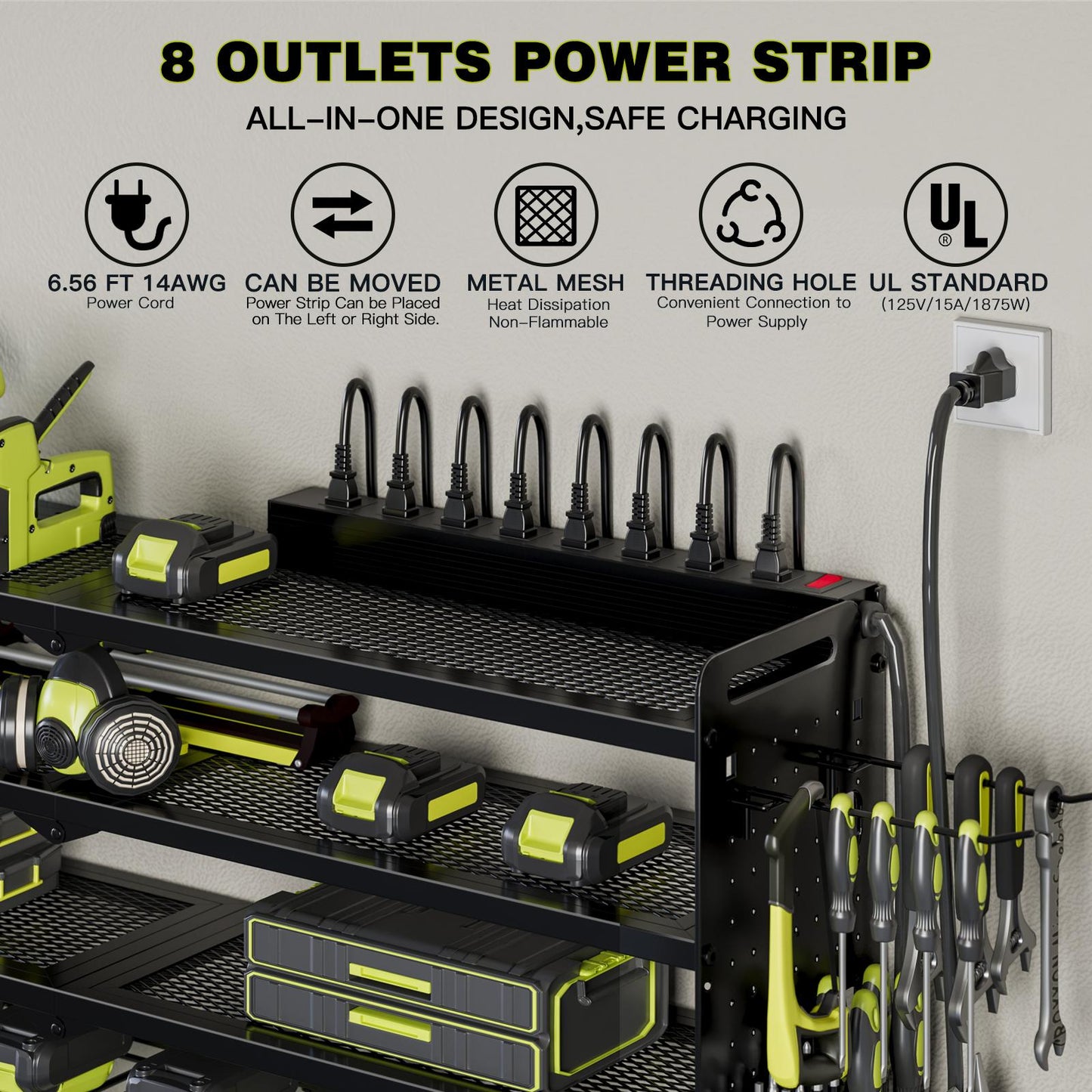 🔥TK Creator Recommendation: 4M+ Views Tool Rack,with 8 Outlets Charging Station,8 Drill Bit Holders,3 Shelves Power Tool Organizer