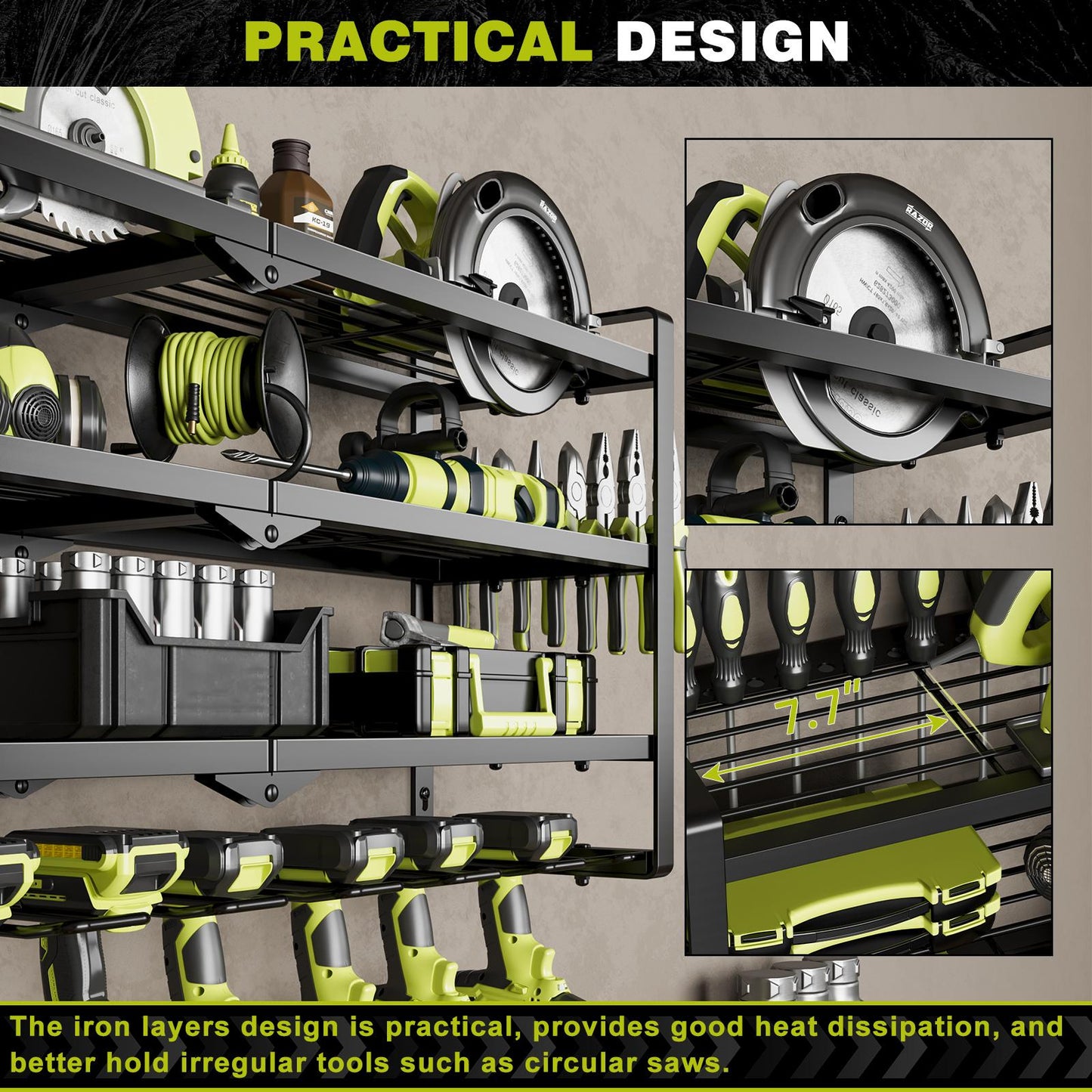 King of Cost Performance！Wall Mount Garage Tool Storage 3 Layer Tool Organizer with 8 Drill Holder