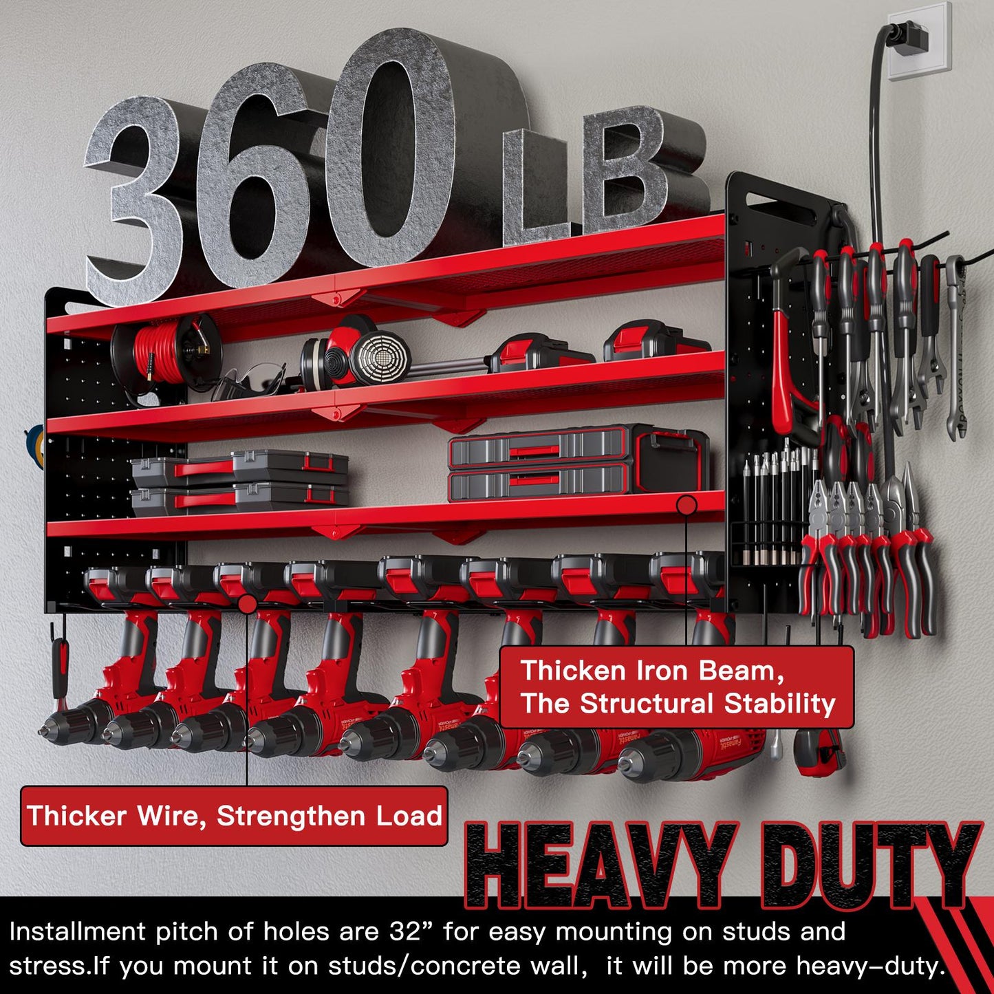 🔥TK Creator Recommendation: 4M+ Views Tool Rack,with 8 Outlets Charging Station,8 Drill Bit Holders,3 Shelves Power Tool Organizer