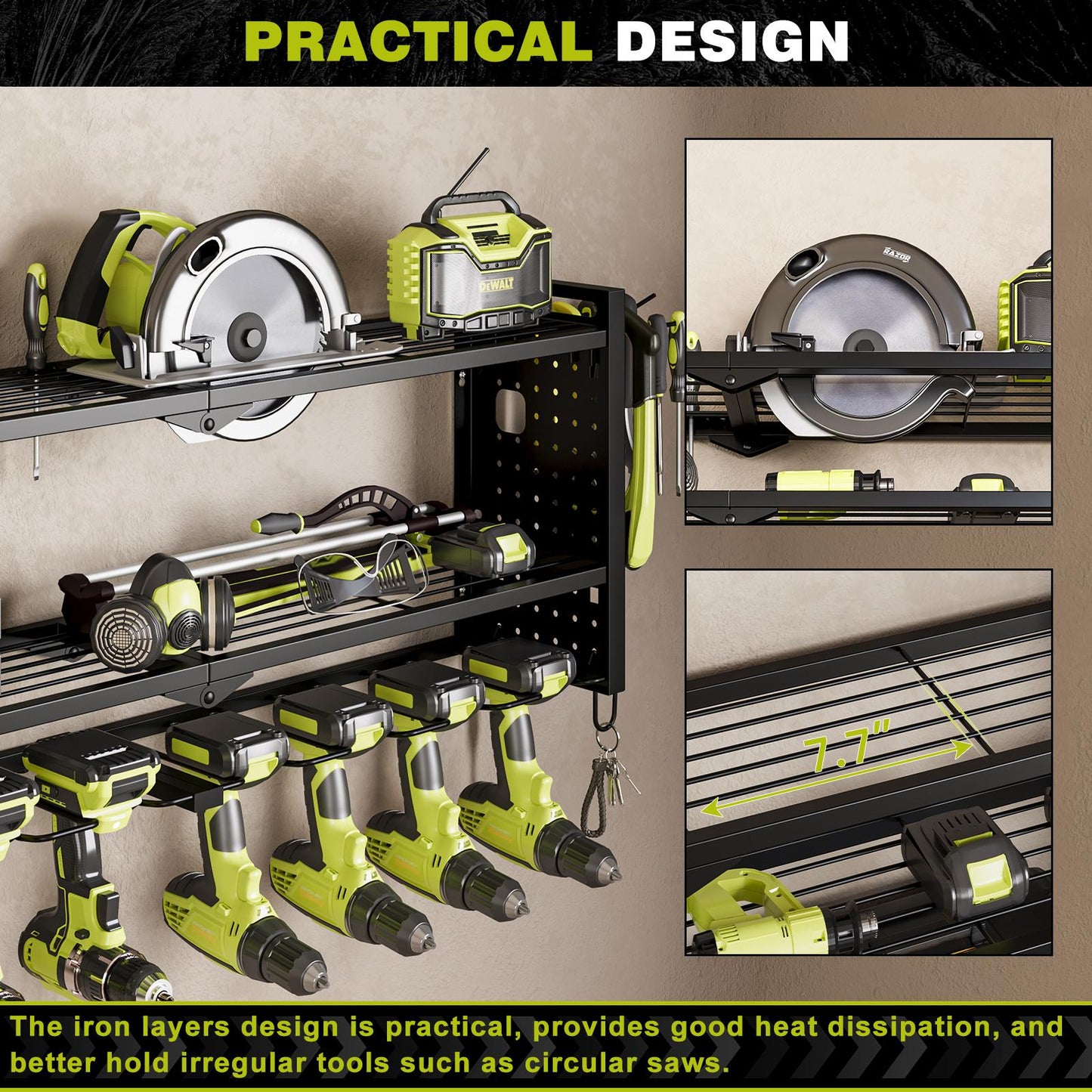 Pratical Tool Rack with 8 Drills Bit Holders, 2 Layers Wall-Mounted Rack,Side-Mounted Pegboard Storage