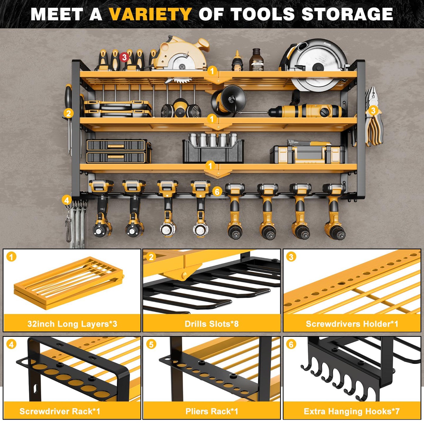 King of Cost Performance！Wall Mount Garage Tool Storage 3 Layer Tool Organizer with 8 Drill Holder