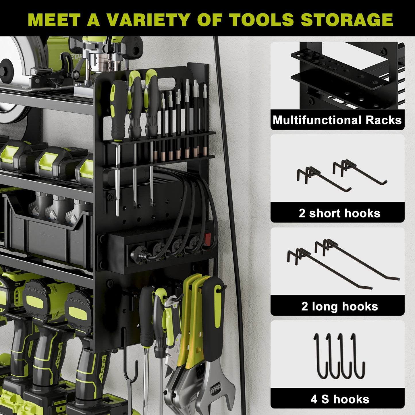 Power Tool Organizer Wall Mount, 4-Tier Cordless Tool Organizer with 4-Socket Power Strip, Drill Holder with 12 Slots for Hanging Tools, Side Pegboard for Storage, Screwdriver Holder Included Black