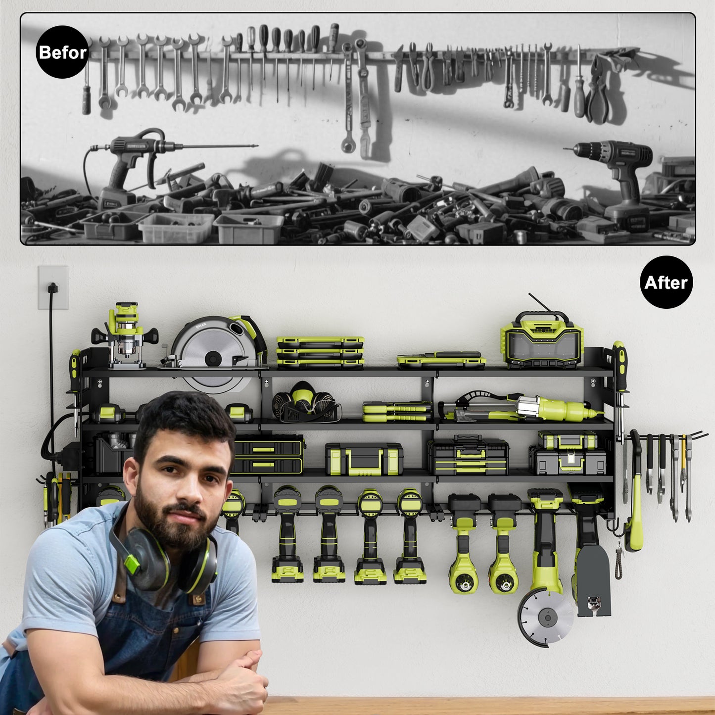 Power Tool Organizer Wall Mount, 4-Tier Cordless Tool Organizer with 4-Socket Power Strip, Drill Holder with 12 Slots for Hanging Tools, Side Pegboard for Storage, Screwdriver Holder Included Black
