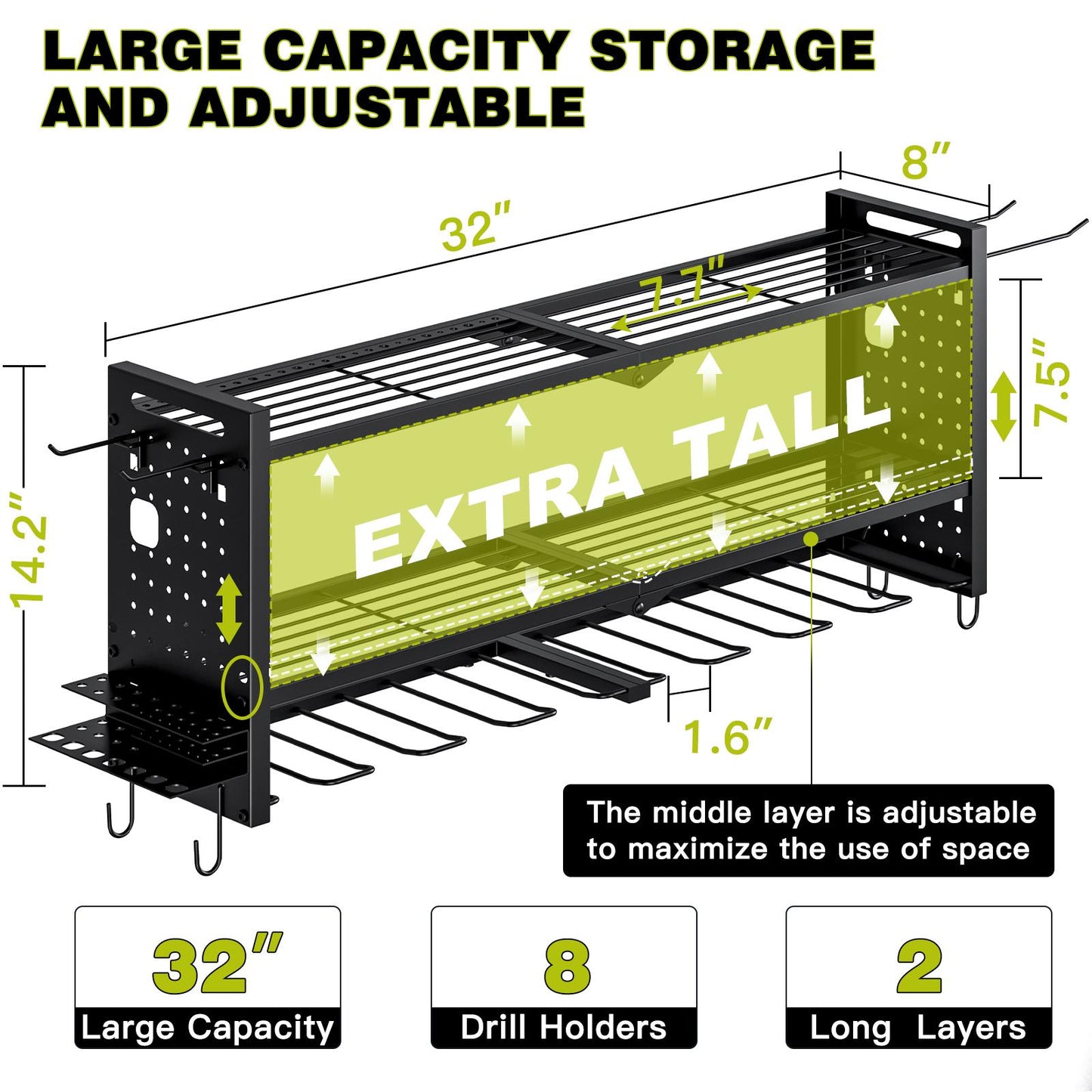 Pratical Tool Rack with 8 Drills Bit Holders, 2 Layers Wall-Mounted Rack,Side-Mounted Pegboard Storage