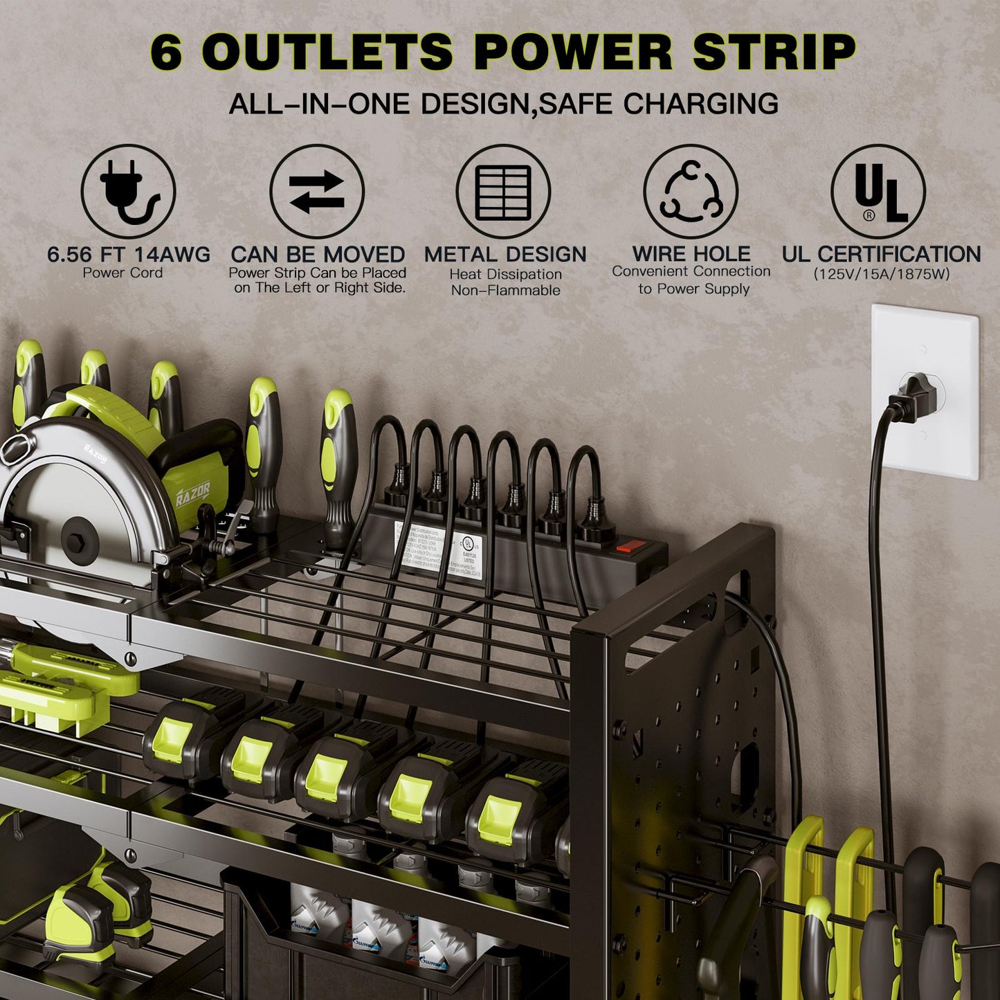 Not Taking Up Space!Tool Organizer Wall Mount with 6 Power Strip, 3 Layers Storage Rack and 6 Drill Holders, Ul Certified