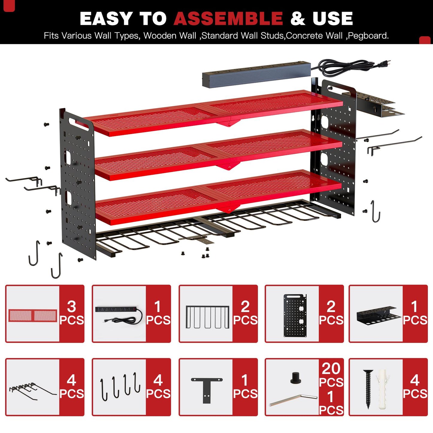 🔥TK Creator Recommendation: 4M+ Views Tool Rack,with 8 Outlets Charging Station,8 Drill Bit Holders,3 Shelves Power Tool Organizer