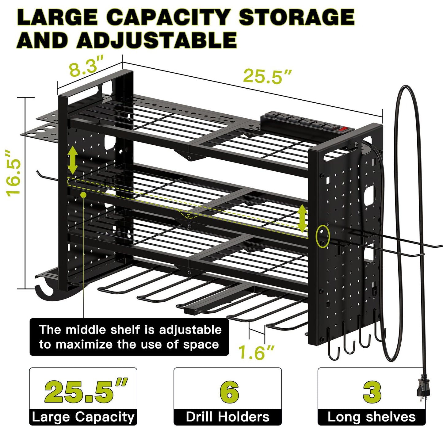 Not Taking Up Space!Tool Organizer Wall Mount with 6 Power Strip, 3 Layers Storage Rack and 6 Drill Holders, Ul Certified