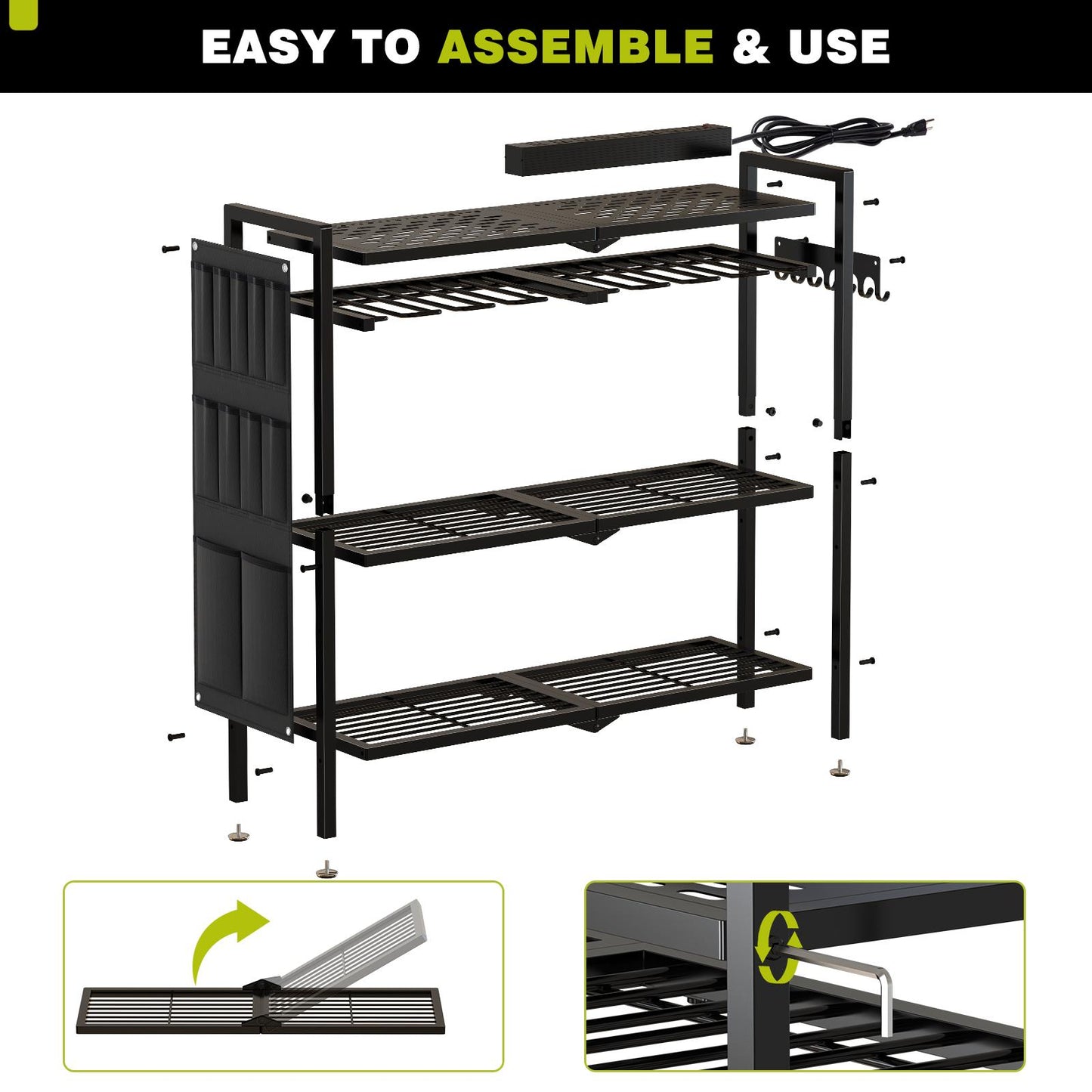 NEW!Large Power Tool Organizer Cart with 8 Outlets Charging Station,8 Drill Holders,Standing Heavy Duty and Stability Storage Rack Utility Tool Shelf