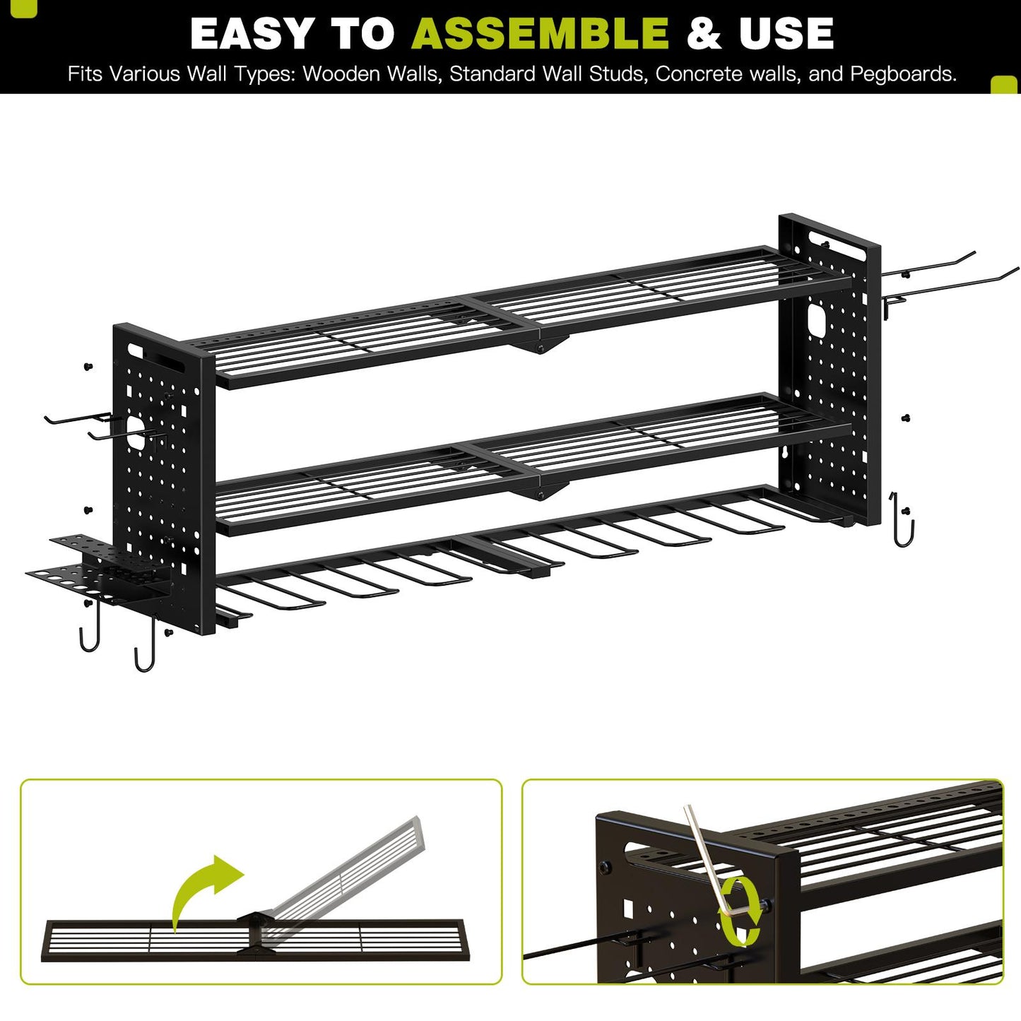 Pratical Tool Rack with 8 Drills Bit Holders, 2 Layers Wall-Mounted Rack,Side-Mounted Pegboard Storage